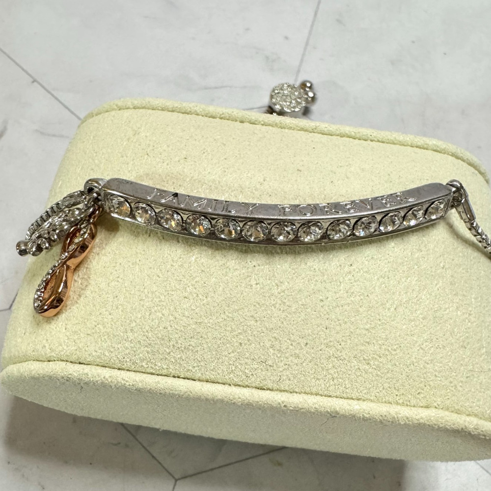 Family Forever Rhinestone Charm Bracelet Signed IBB Tree Infinity Slide Adjust